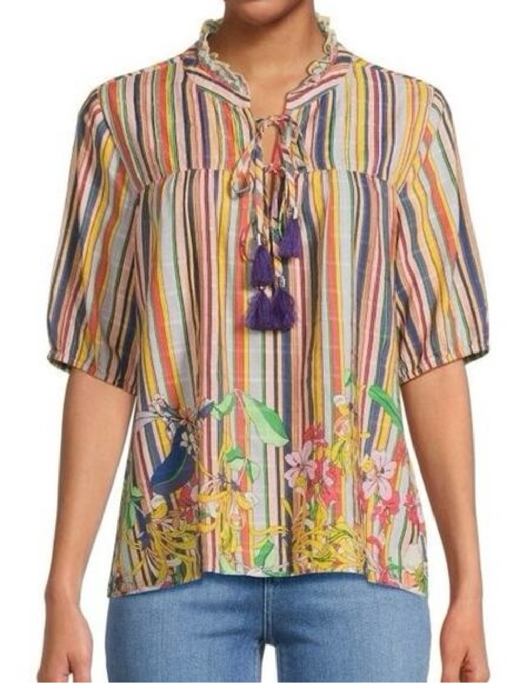 Johnny Was Aldrich Stripe Linen Blend Tassel Blouse Top Size L